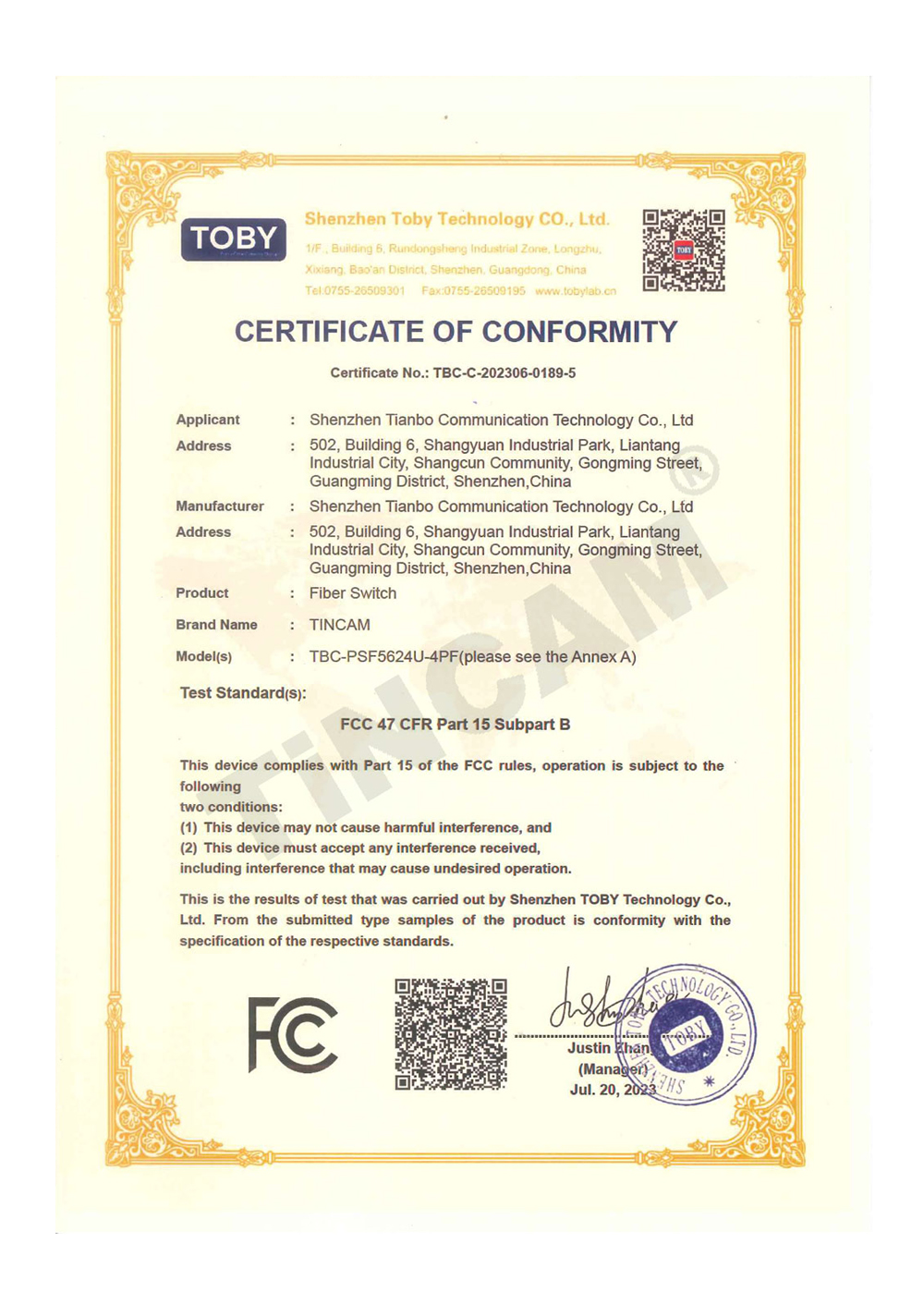 FCC Certificate
